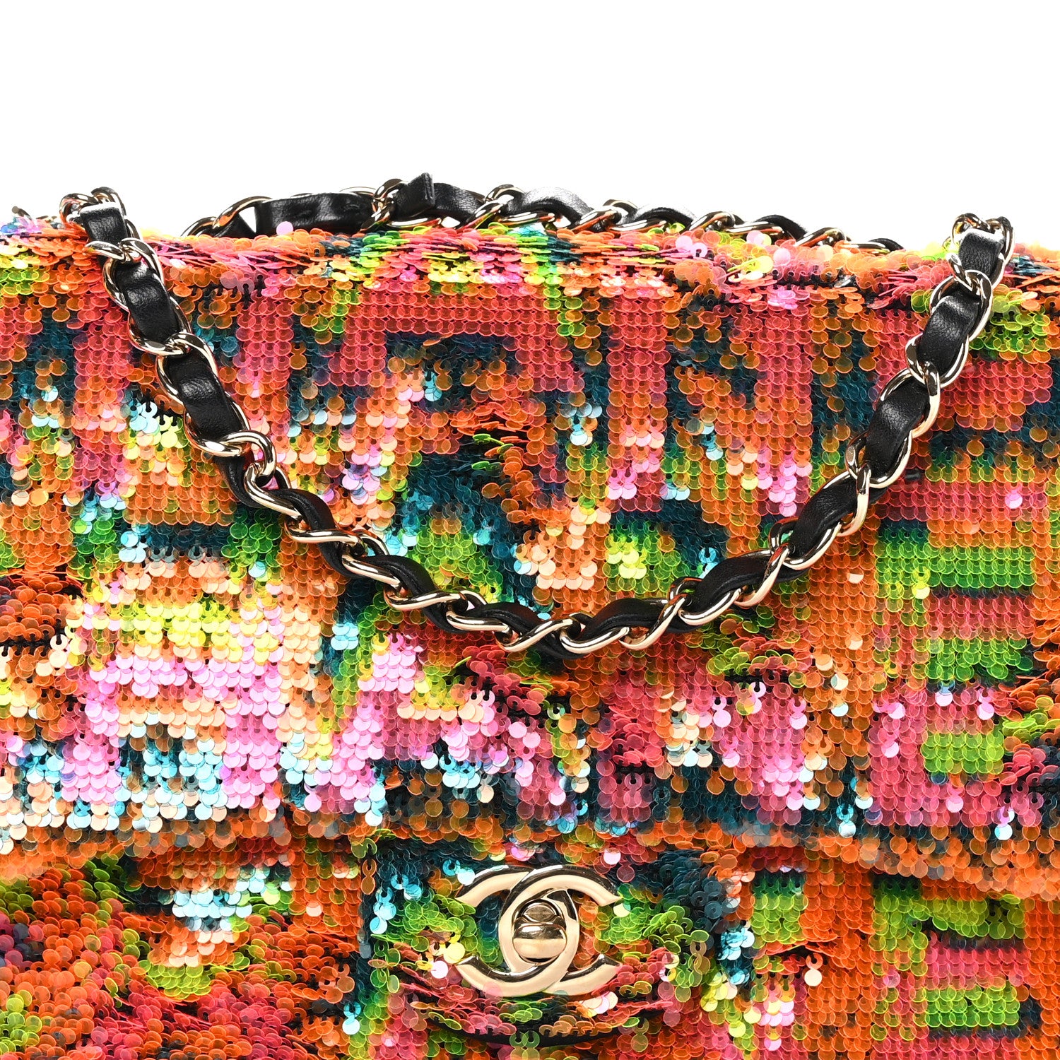 Chanel Sequin Logo Single Flap Orange Turquoise Pink 1577289