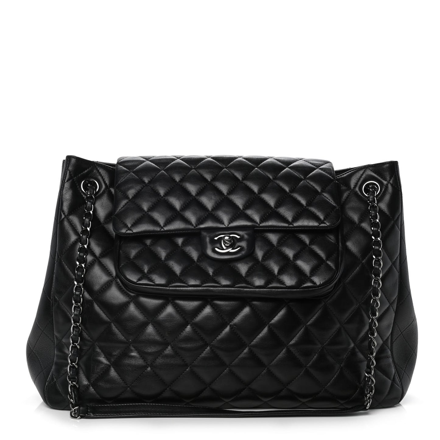 Lambskin Quilted Front Flap Tote Black