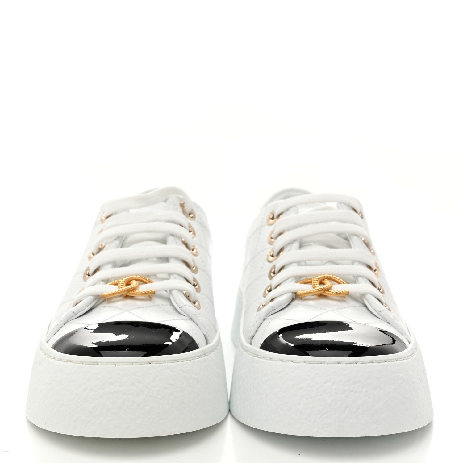Chanel Crumpled Lambskin Patent Cap Toe CC Stitched Sneakers 35.5 White Black 3 of 10