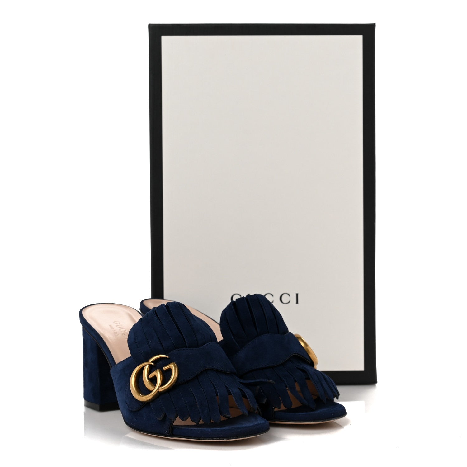 Gucci Kid Scamosciato GG Marmont Fringe 75mm Slide Sandals 36.5 Blue Ink 8 of 8