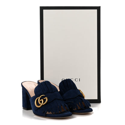 Gucci Kid Scamosciato GG Marmont Fringe 75mm Slide Sandals 36.5 Blue Ink 8 of 8