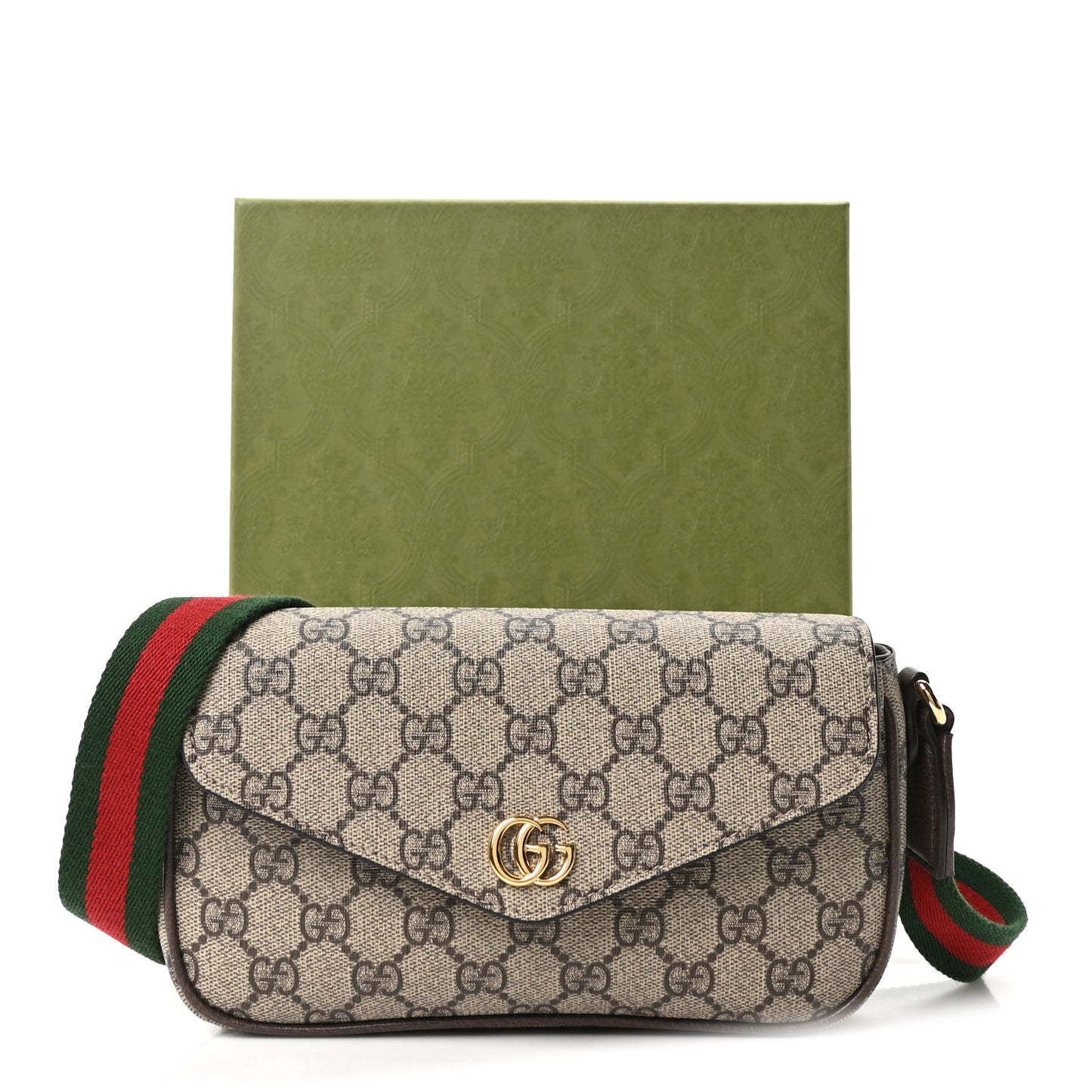 GG Supreme Monogram Textured Dollar Calfskin Web Mini Ophidia Envelope Shoulder Bag Beige Ebony New Acero