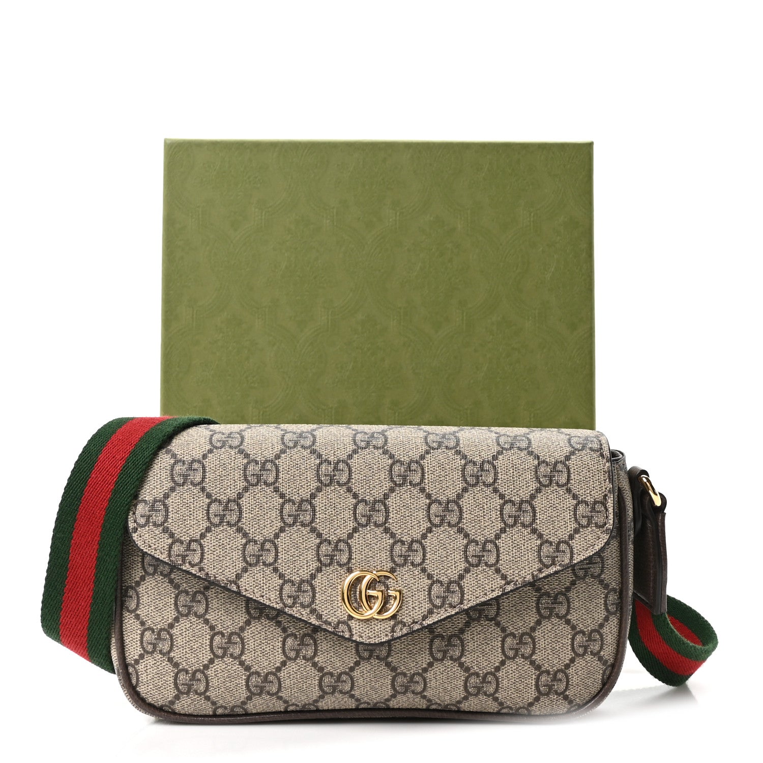 Gucci GG Supreme Monogram Textured Dollar Calfskin Web Mini Ophidia Envelope Shoulder Bag Beige Ebony New Acero 11 of 11