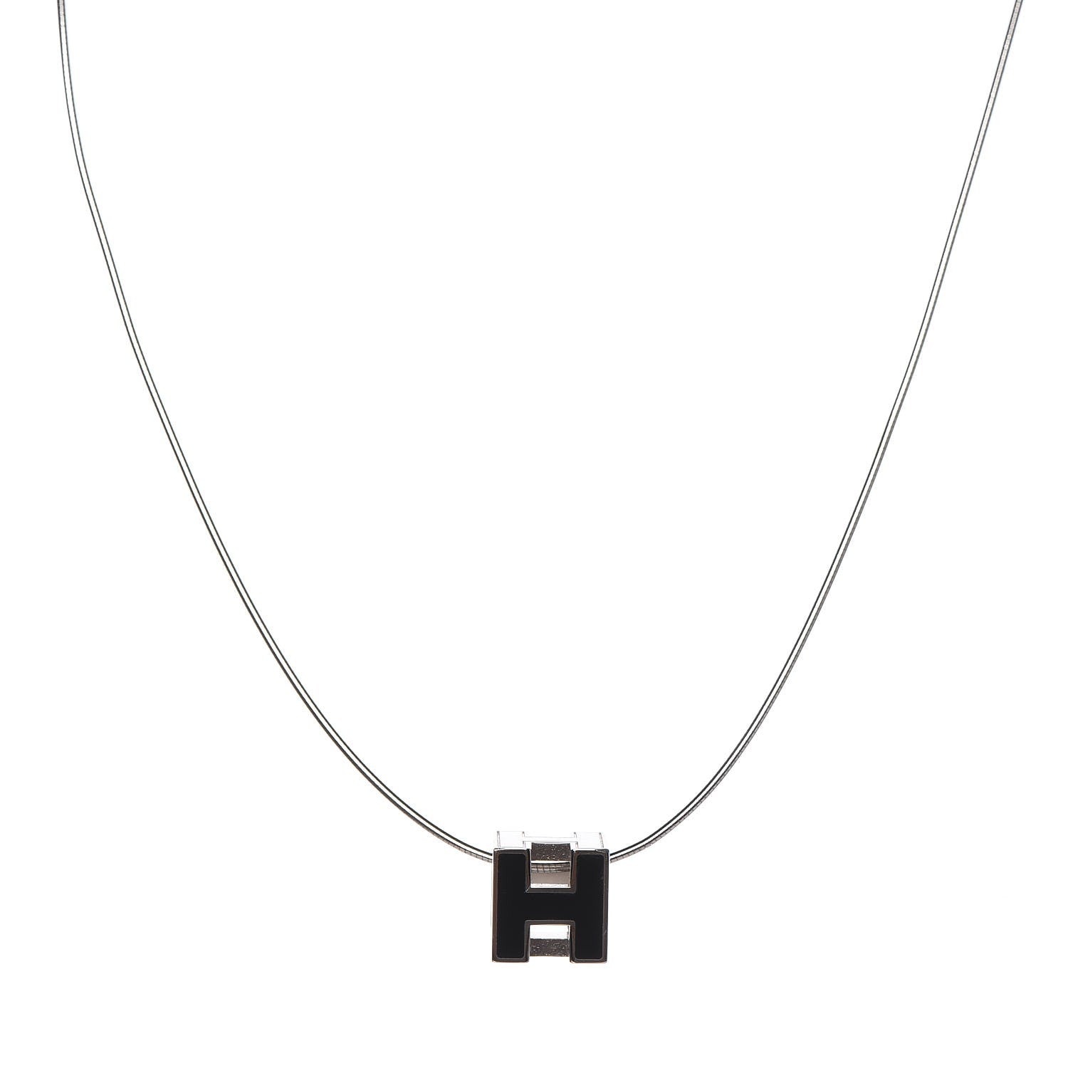 Hermes Lacquered Palladium Cage d'H Pendant Necklace Black 1 of 7
