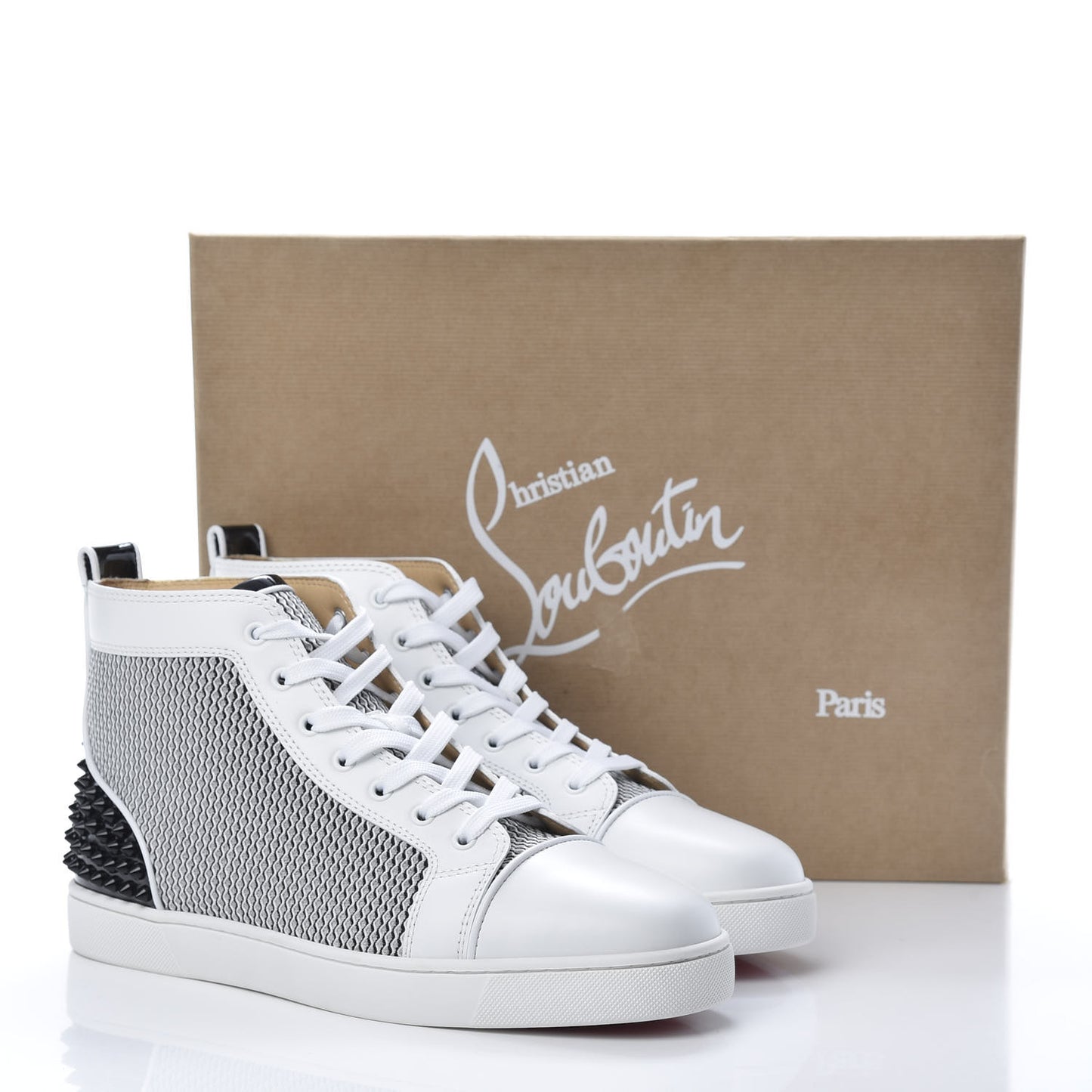 Calfskin Mesh Lou Spikes 3 Ying Yang Flat Sneakers 43.5 White Black Silver