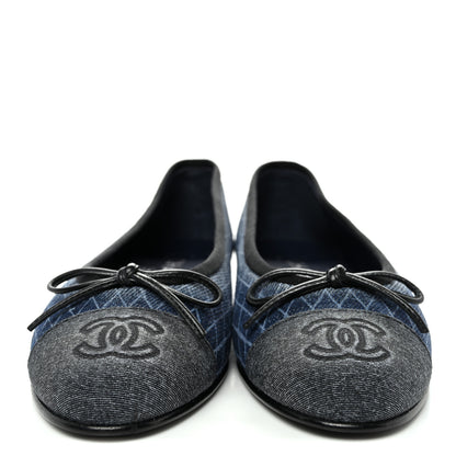 Chanel Denim Printed Quilt CC Cap Toe Ballerina Flats 35.5 Navy Blue Dark Grey 3 of 10