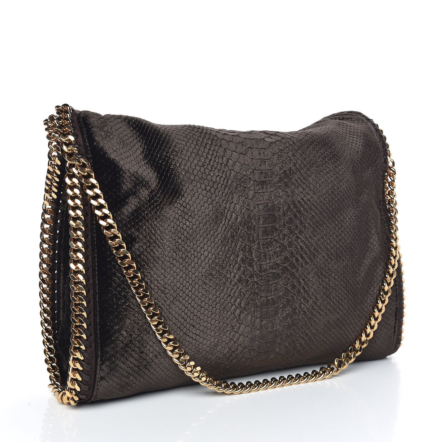 Metallic Snake Embossed Velvet Falabella Fold Over Tote Brown