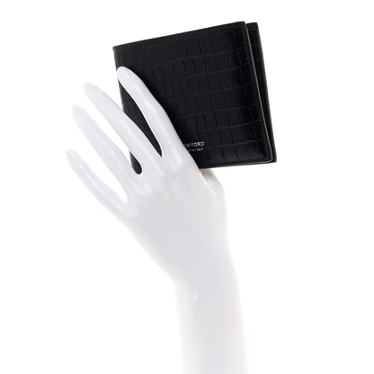 Tom Ford Glossy Calfskin Crocodile Embossed T Line Classic Bi-Fold Wallet Ink 2 of 7