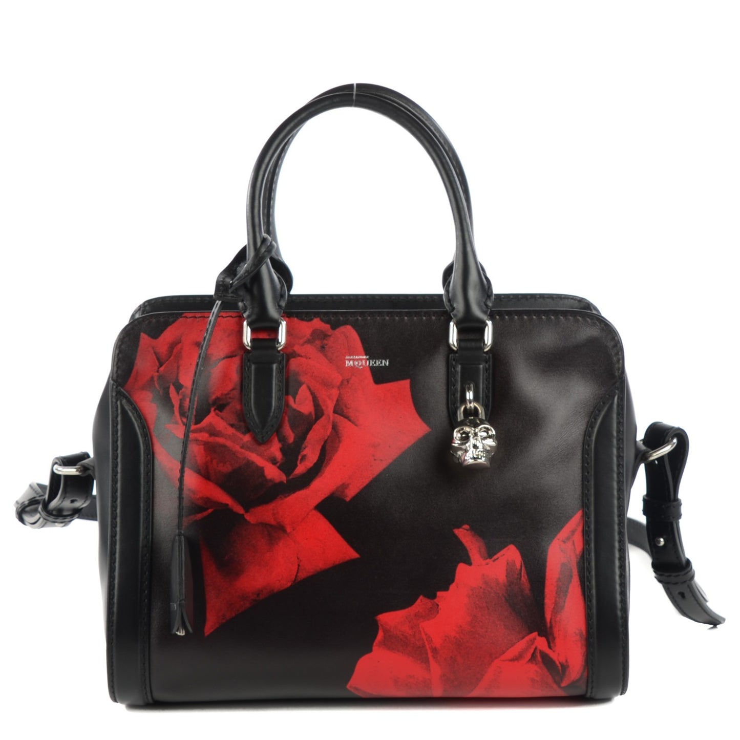Smooth Calfskin Small Rose Skull Padlock Zip Around Tote Black Red