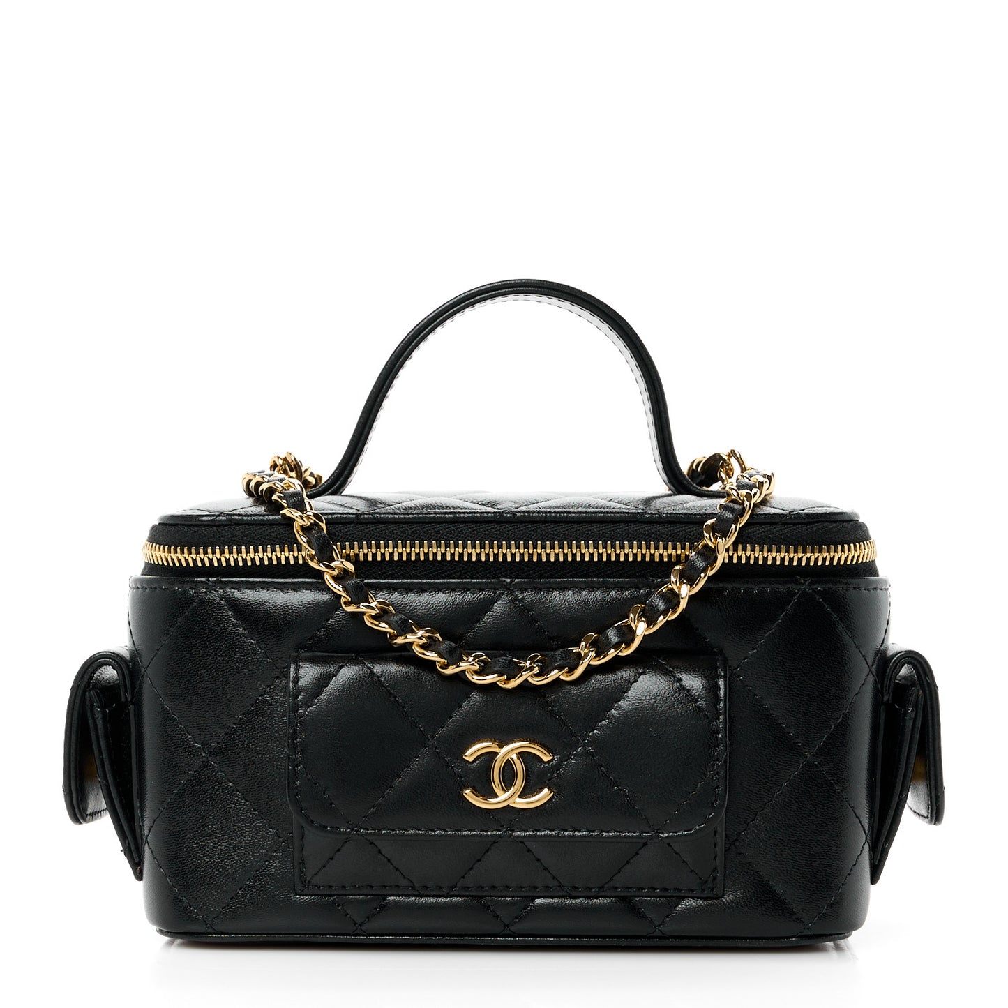 Lambskin Quilted Polly Pocket East West Top Vanity With Chain Black