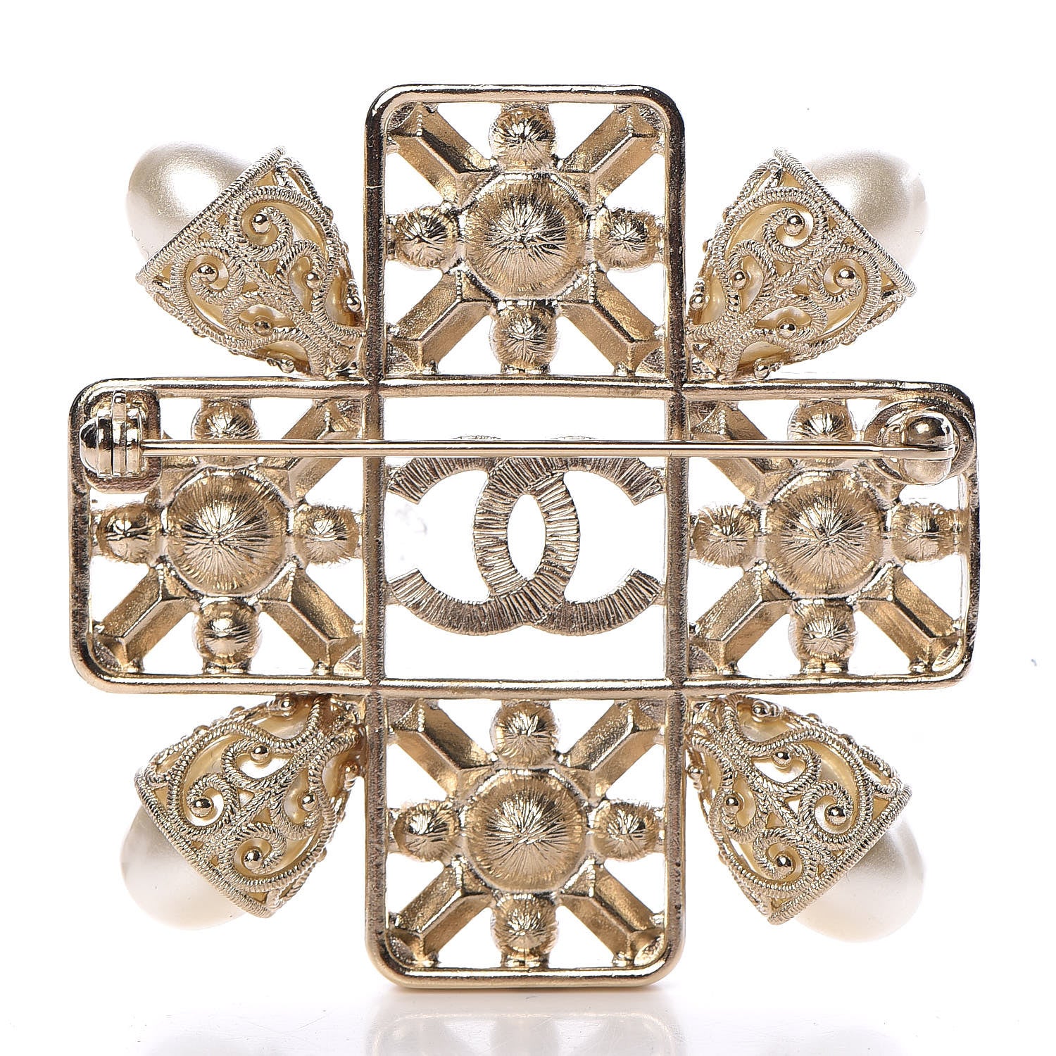 Chanel Pearl Baguette Crystal Sparkling Pearls CC Brooch White Light Gold 3 of 5