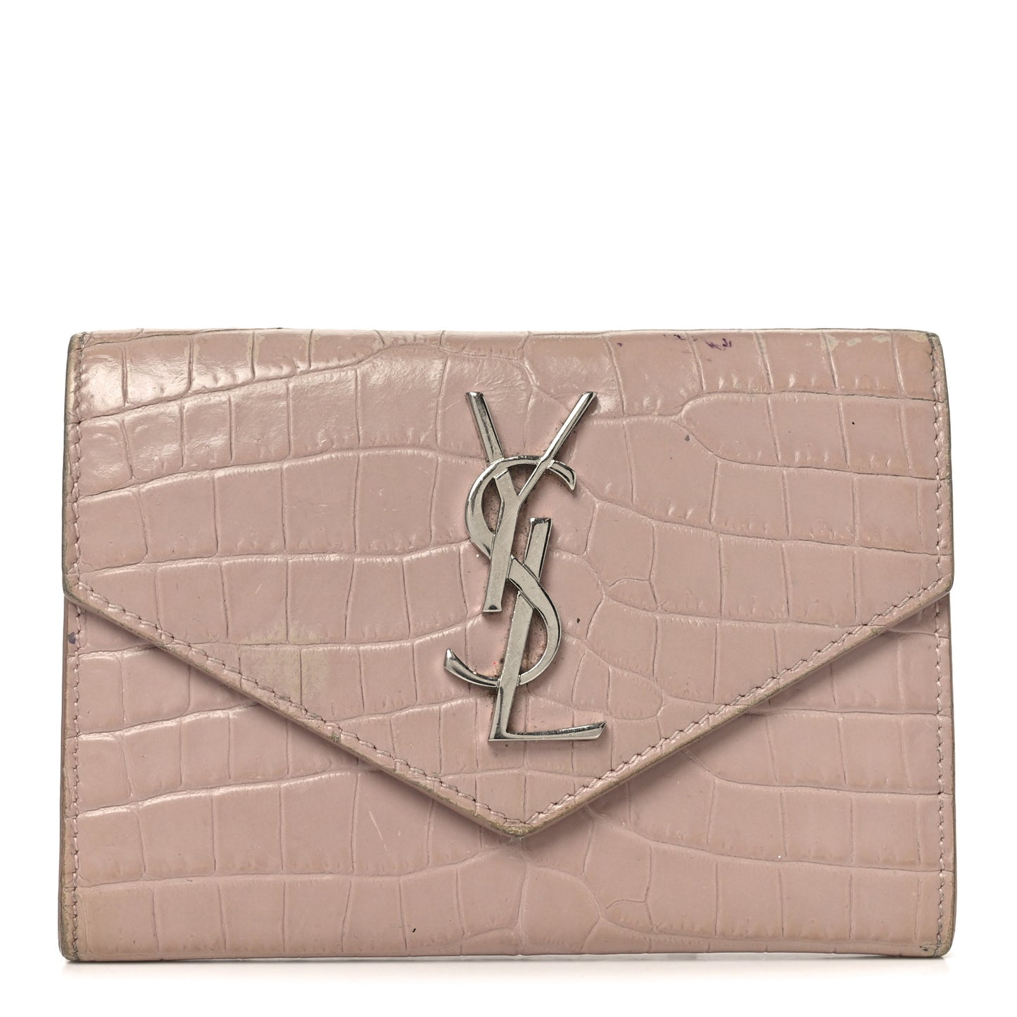 Calfskin Crocodile Embossed Small Monogram Envelope Wallet Rose Antic