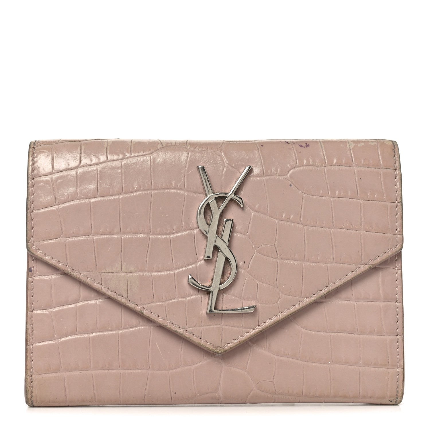 Saint Laurent Calfskin Crocodile Embossed Small Monogram Envelope Wallet Rose Antic 1 of 9