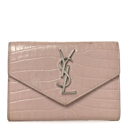 Saint Laurent Calfskin Crocodile Embossed Small Monogram Envelope Wallet Rose Antic 1 of 9