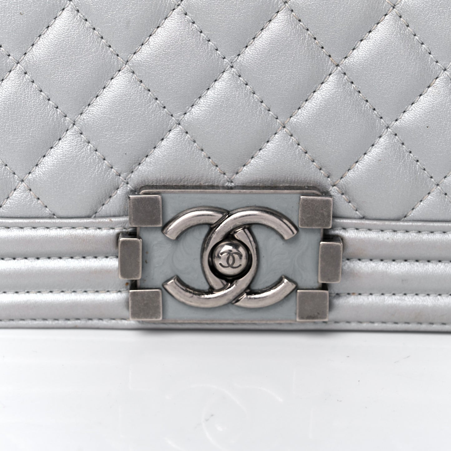 Metallic Calfskin Quilted Small Boy Flap Silver