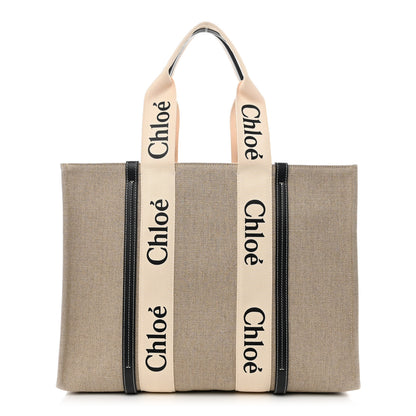 Chloe Linen Calfskin Large Woody Ribbon Tote White Blue 1 of 10