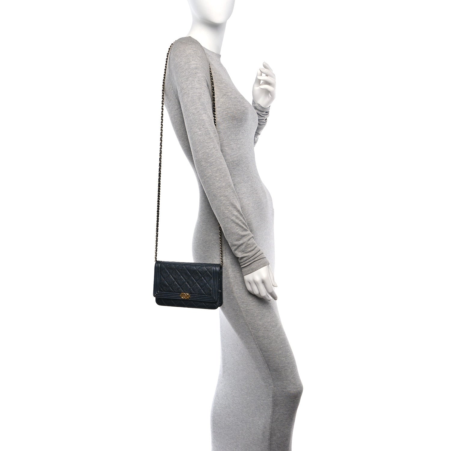 Chanel Metallic Calfskin Quilted Boy Wallet On Chain WOC Navy Blue 2 of 11