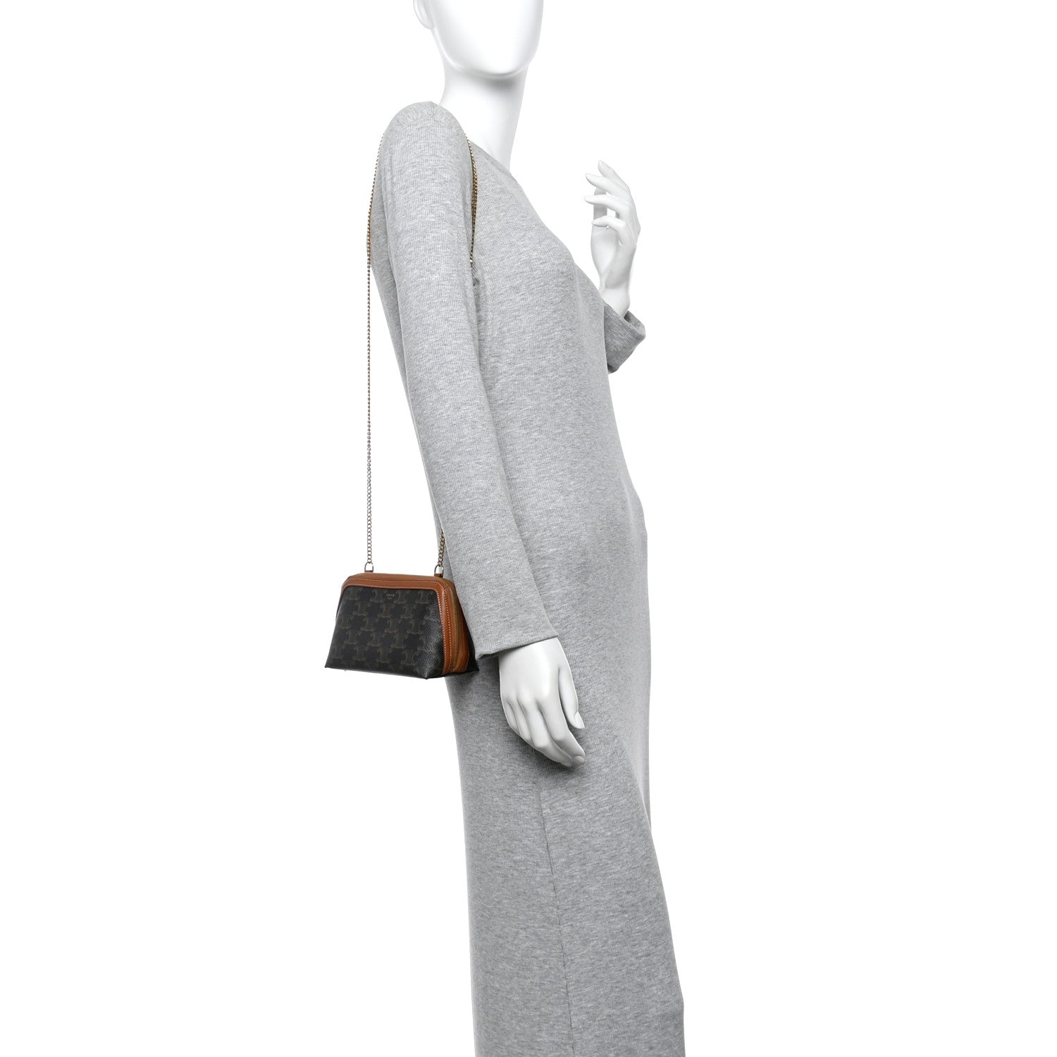 Celine Triomphe Canvas Lambskin Clutch On Chain Tan 2 of 13