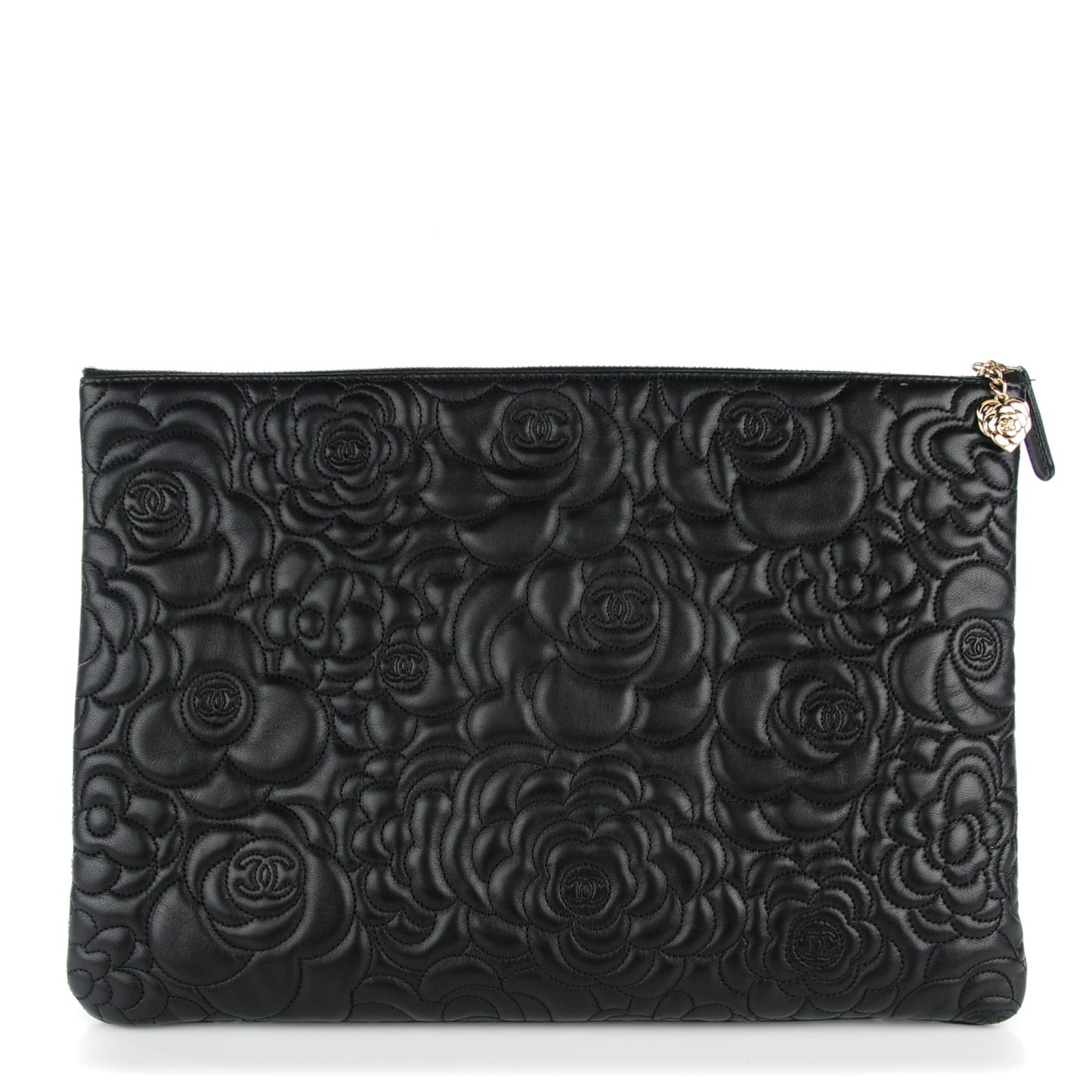 Lambskin Camellia Embossed Large Cosmetic Case Black