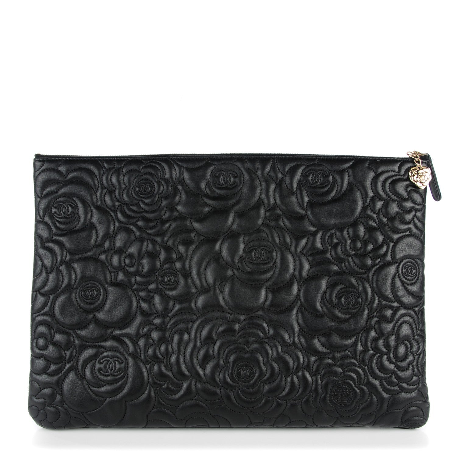 Chanel Lambskin Camellia Embossed Large Cosmetic Case Black 1 of 7