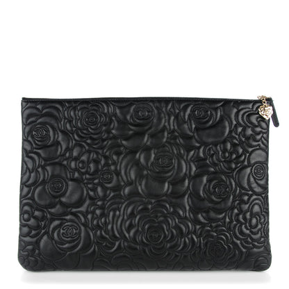 Chanel Lambskin Camellia Embossed Large Cosmetic Case Black 1 of 7