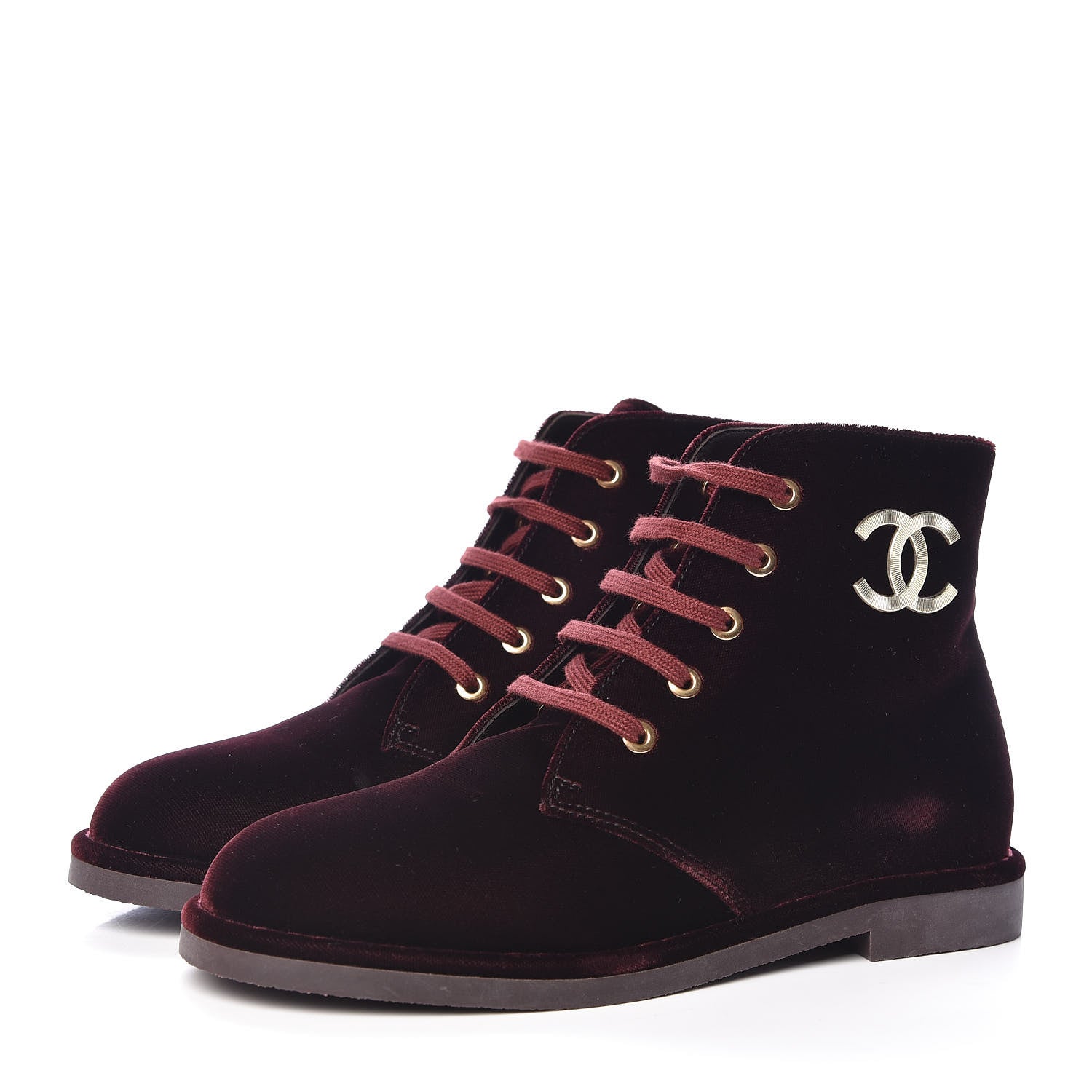 Chanel Velvet CC Lace Up Boots 36.5 Burgundy 3 of 9