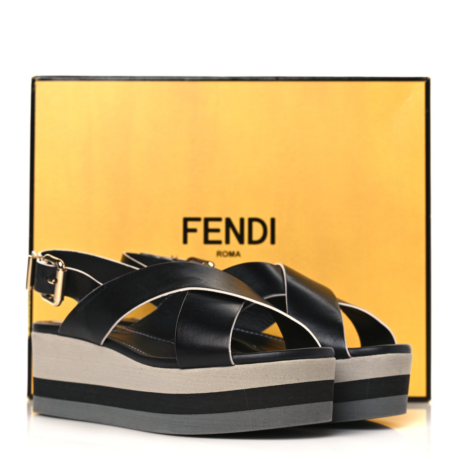 Fendi Nappa Criss Cross Platform Sandals 37 Black White 8 of 8