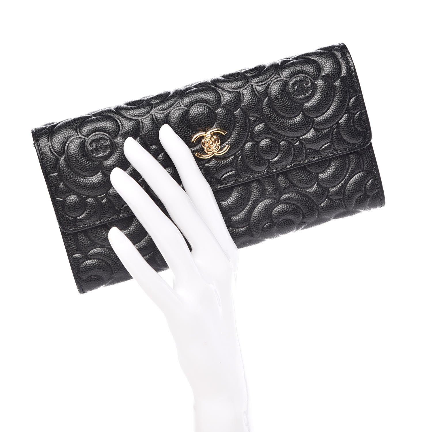 Chanel Caviar Camellia Embossed Flap Wallet Black 2 of 11