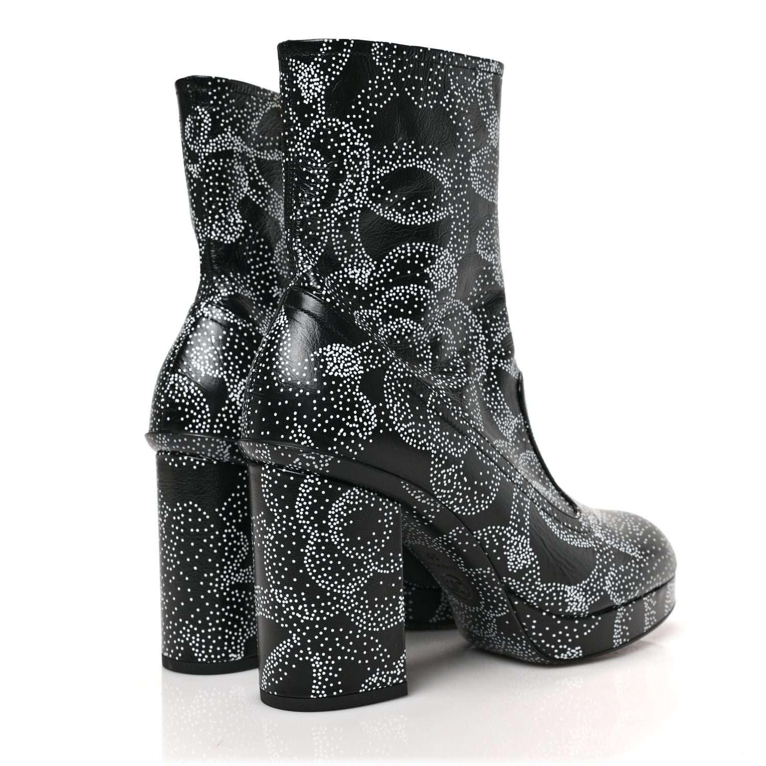 Chanel Calfskin Camellia Printed Ankle Boots 38.5 Black White 4 of 7