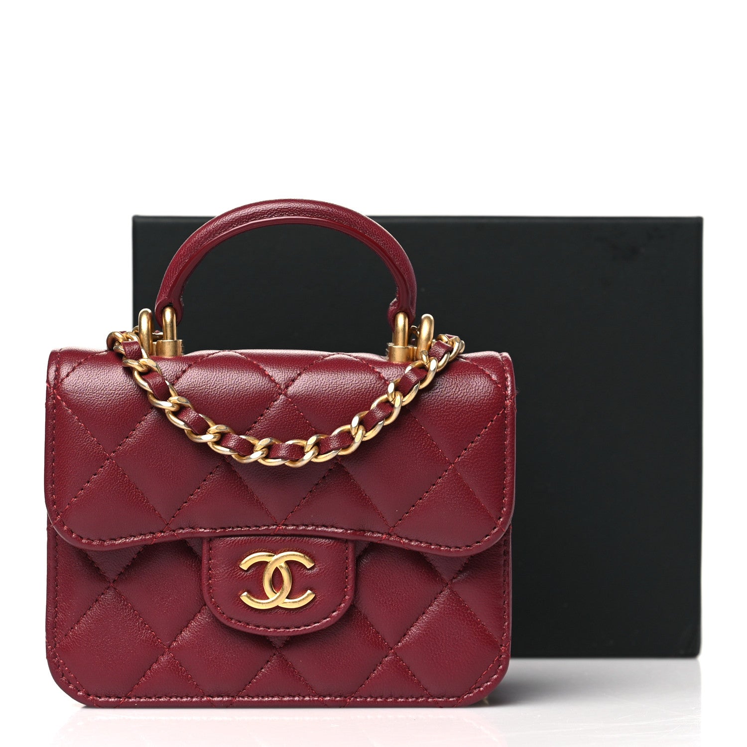 Chanel Lambskin Quilted Top Handle Flap Coin Purse With Chain Burgundy 11 of 11