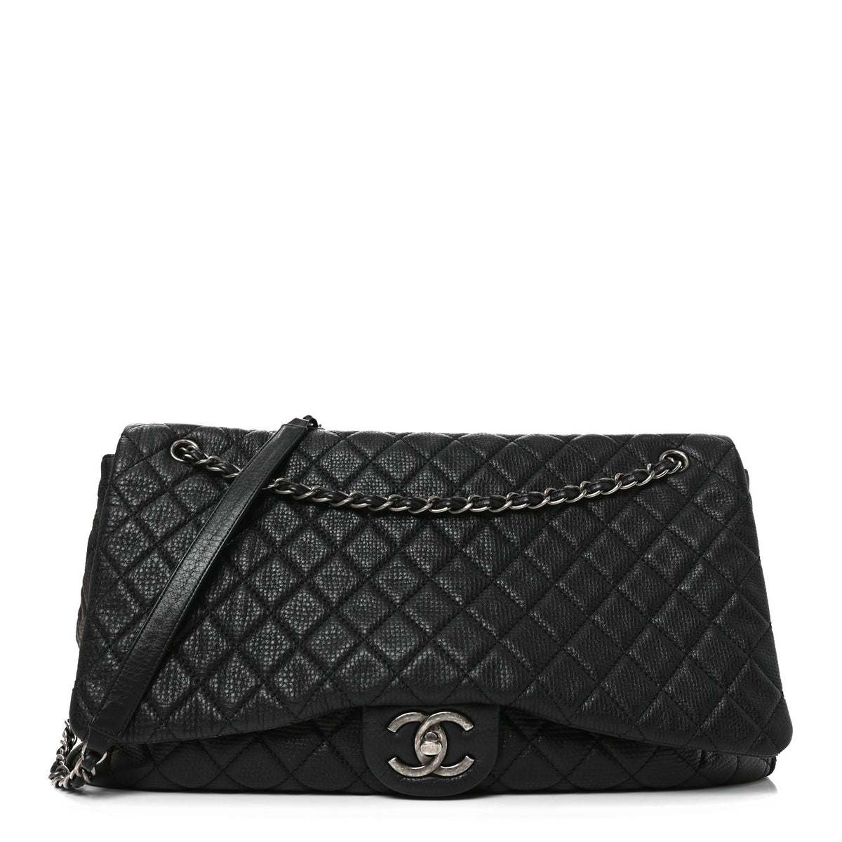 Grained Calfskin Quilted XXL Travel Flap Bag Black