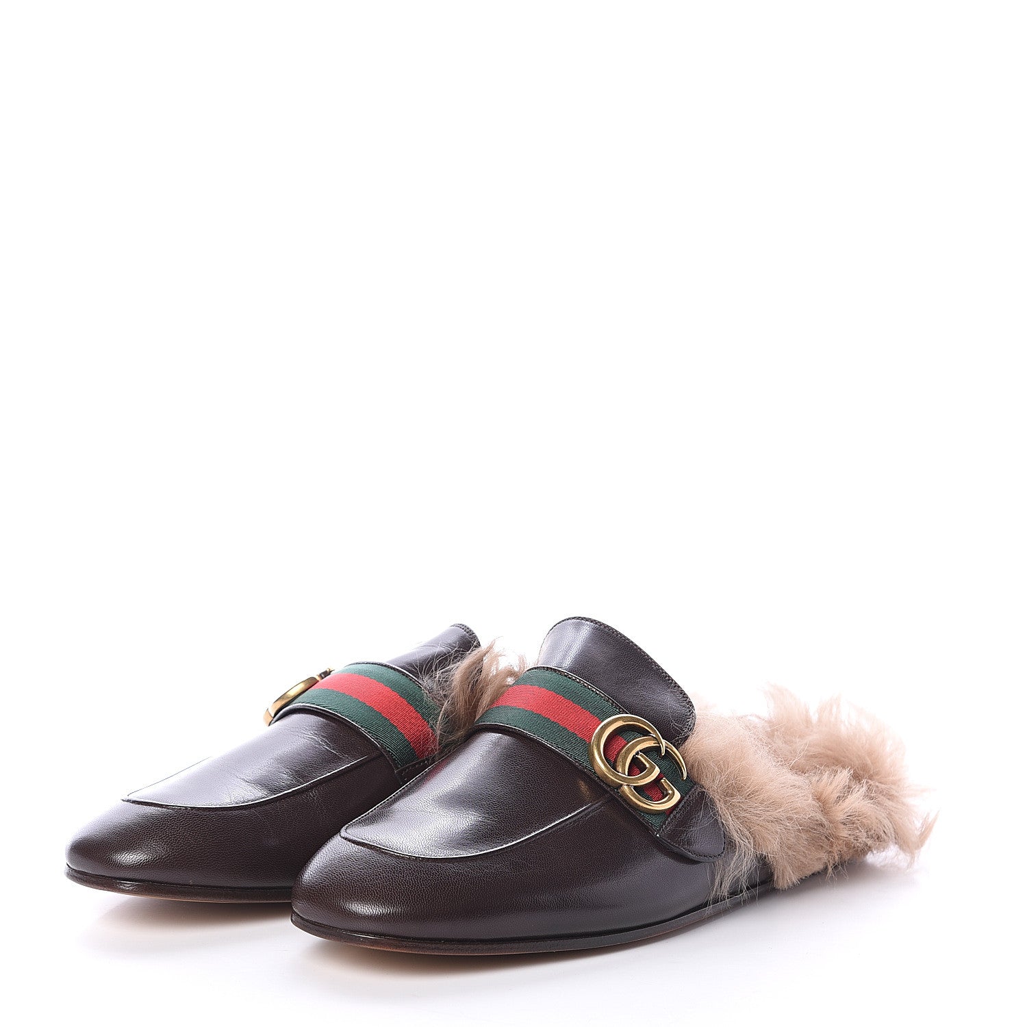 Gucci Goatskin Fur Web GG Mens Princetown Slippers 7 Cocoa 3 of 7