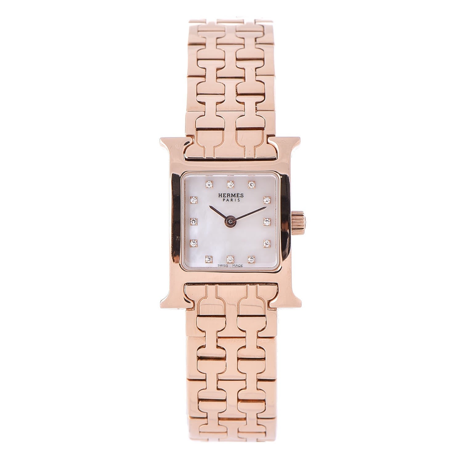 Hermes 18K Rose Gold Diamond Mother of Pearl 17.2mm Heure H Hour Quartz Watch 1 of 6
