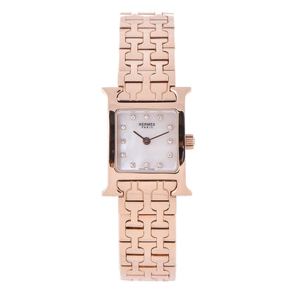 Hermes 18K Rose Gold Diamond Mother of Pearl 17.2mm Heure H Hour Quartz Watch 1 of 6