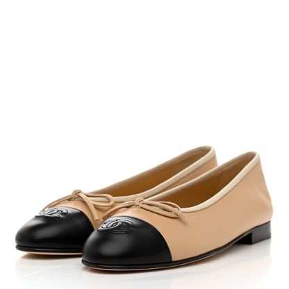 Chanel Lambskin Cap Toe CC Ballerina Flats 36 Beige Black 3 of 9