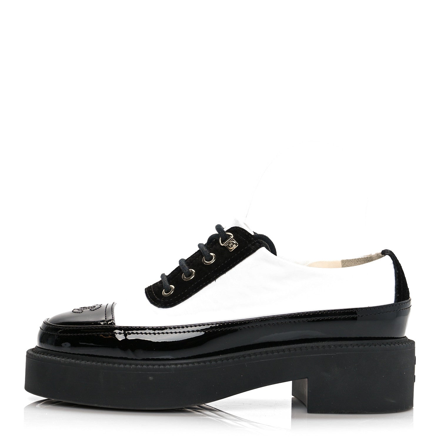 Chanel Nylon Suede Patent Calfskin CC Captoe Lace Up Oxfords 36.5 White Black 1 of 13