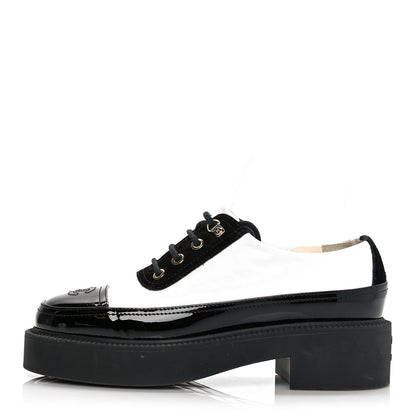 Chanel Nylon Suede Patent Calfskin CC Captoe Lace Up Oxfords 36.5 White Black 1 of 13