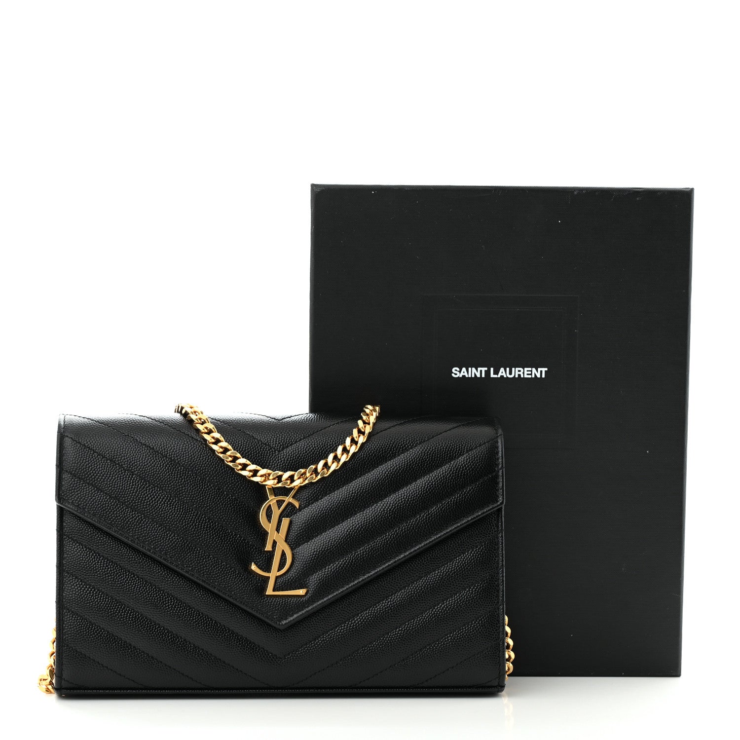 Saint Laurent Grain De Poudre Matelasse Chevron Monogram Chain Wallet Black 13 of 13