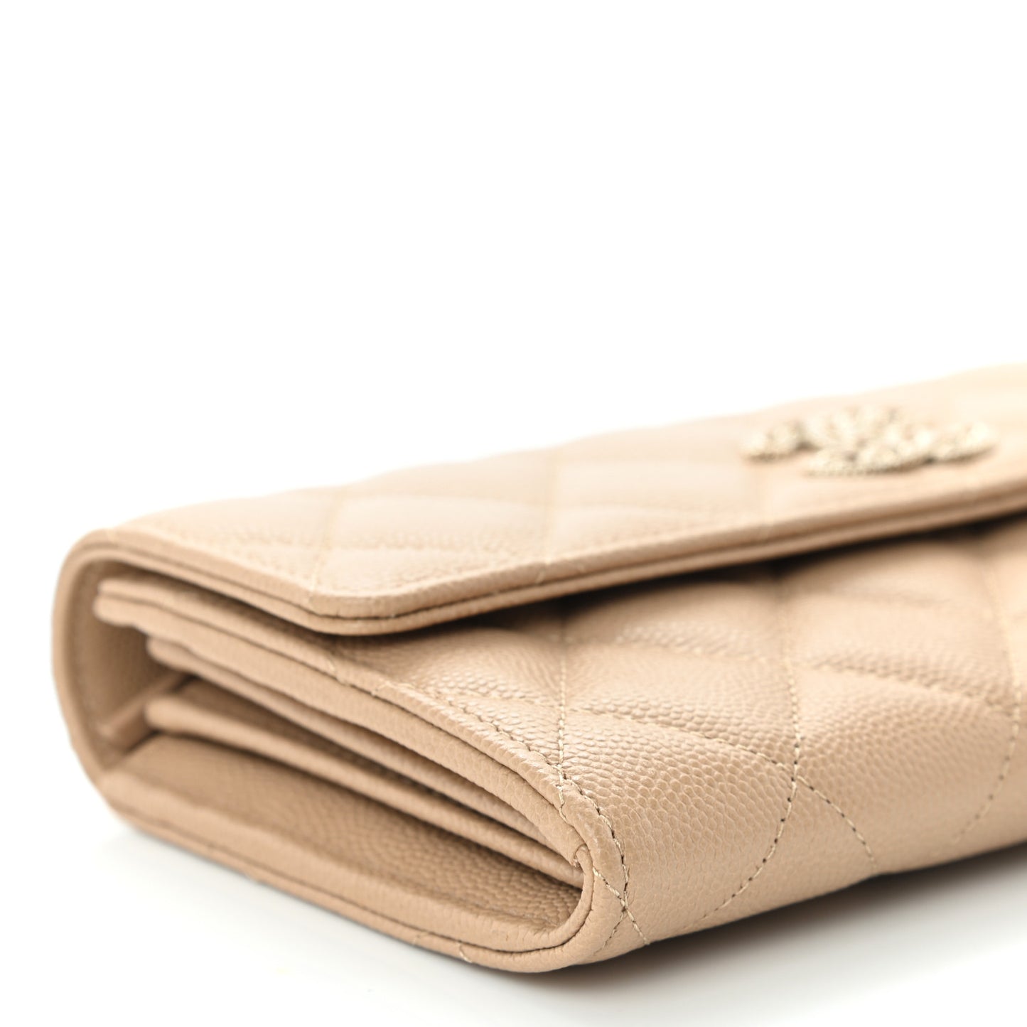 Caviar Quilted Crystal CC Large Gusset Flap Wallet Beige