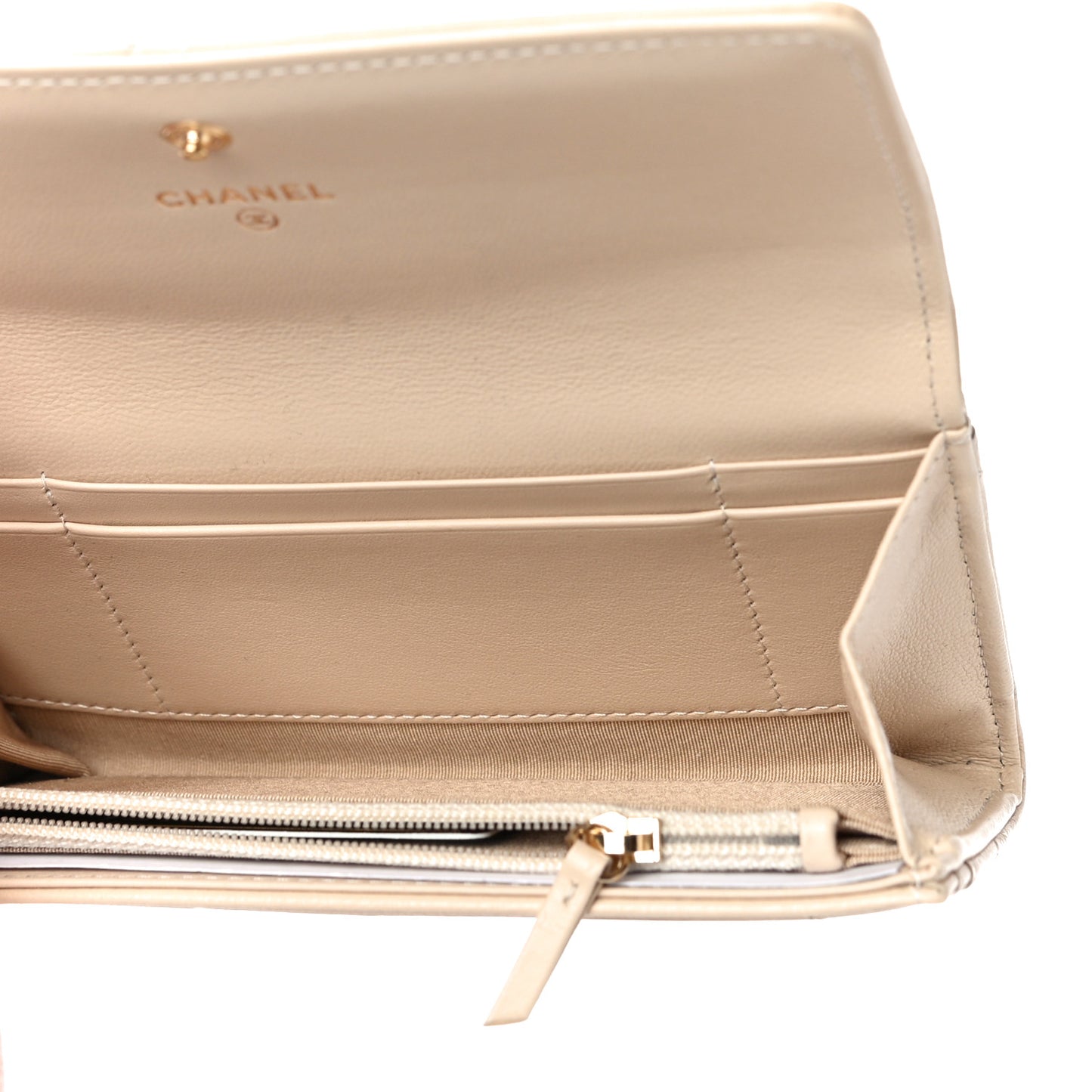 Shiny Goatskin Quilted Chanel 19 Flap Wallet Beige