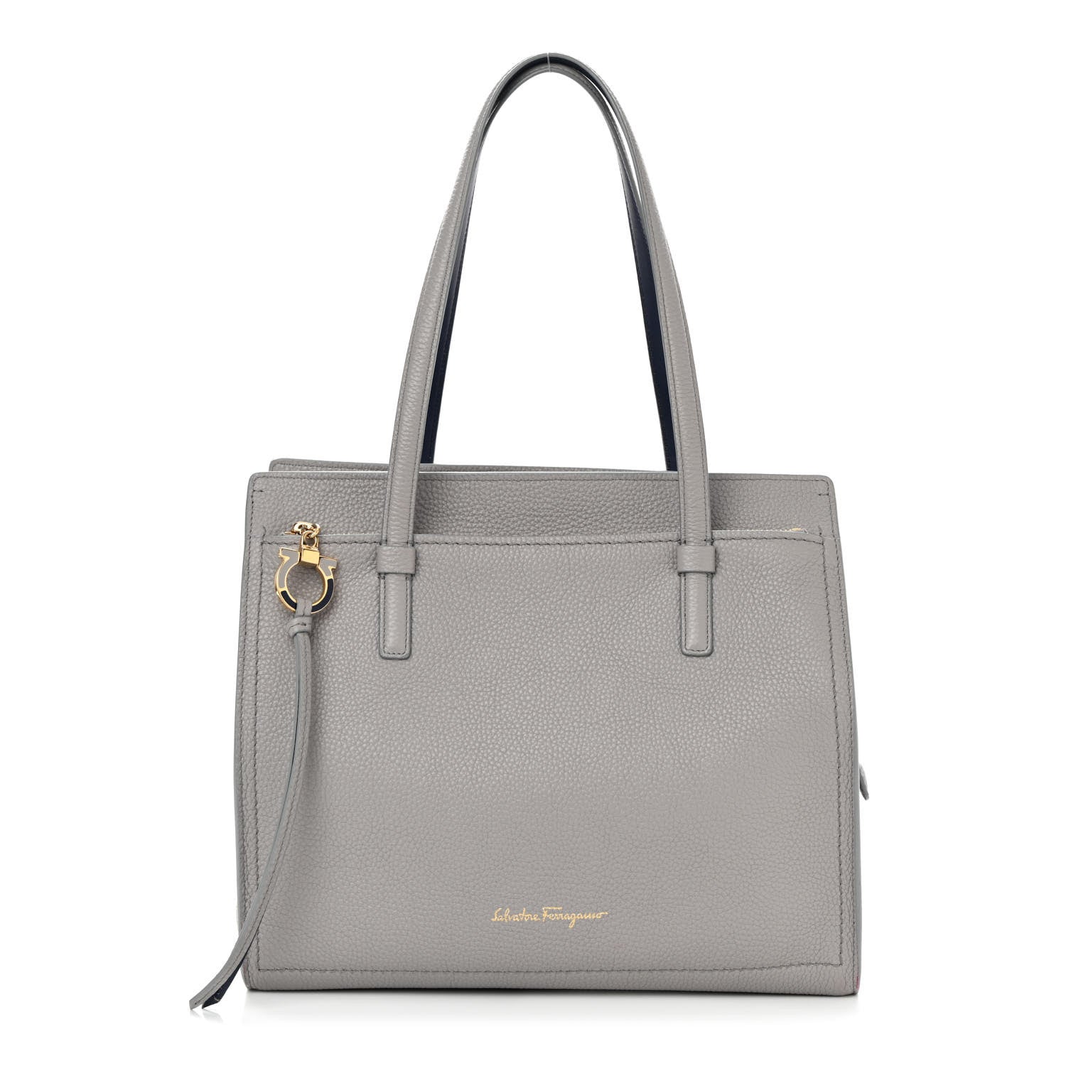 Salvatore Ferragamo Hammered Calfskin Double Handle Medium Amy Tote Grey Navy 1 of 14