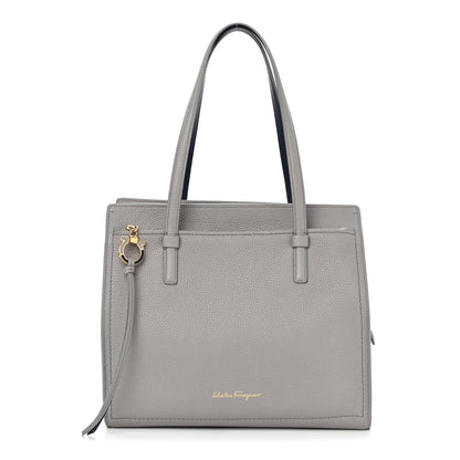 Salvatore Ferragamo Hammered Calfskin Double Handle Medium Amy Tote Grey Navy 1 of 14