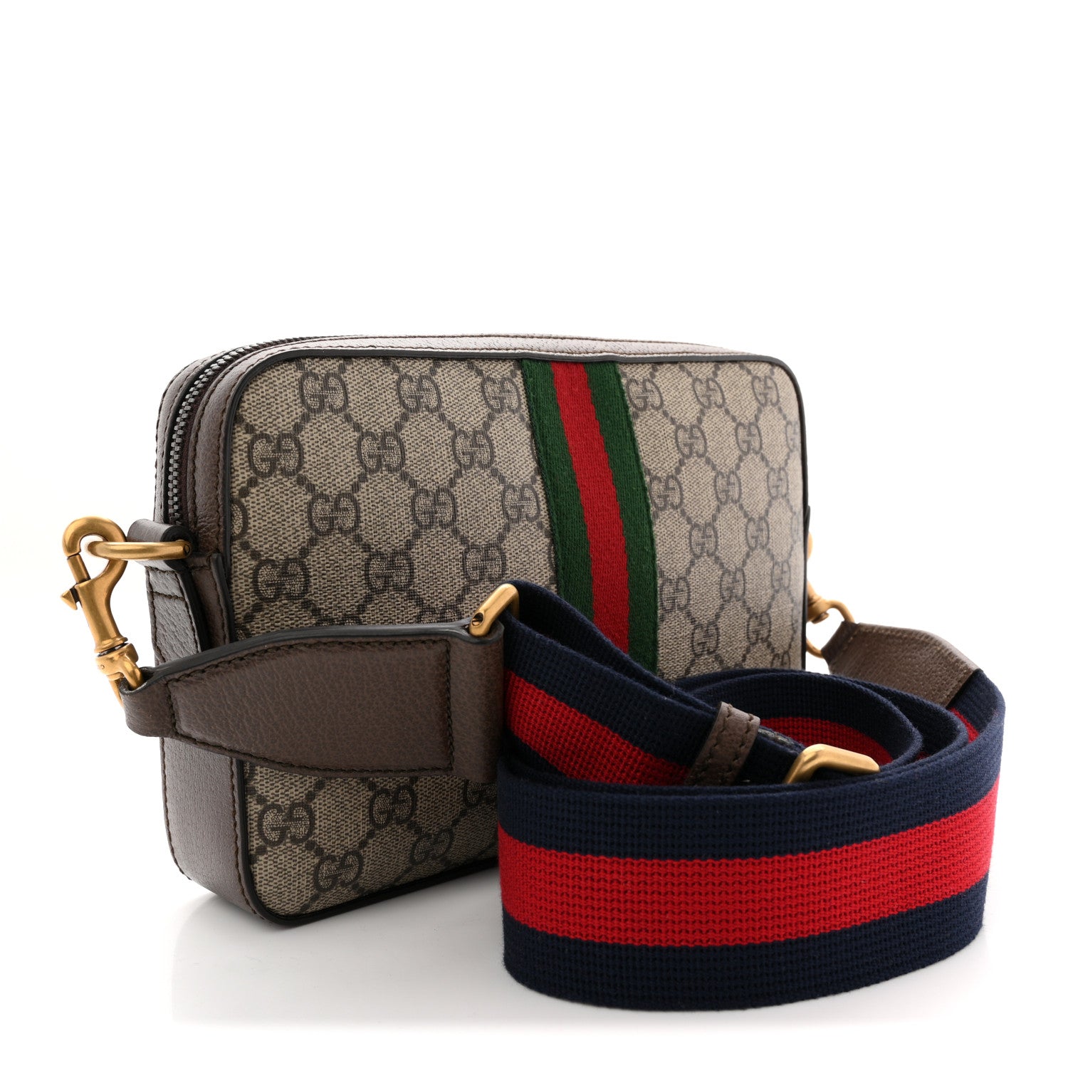 Gucci GG Supreme Monogram Textured Dollar Calfskin Web Ophidia Wristlet Shoulder Bag Beige Ebony New Acero 3 of 11