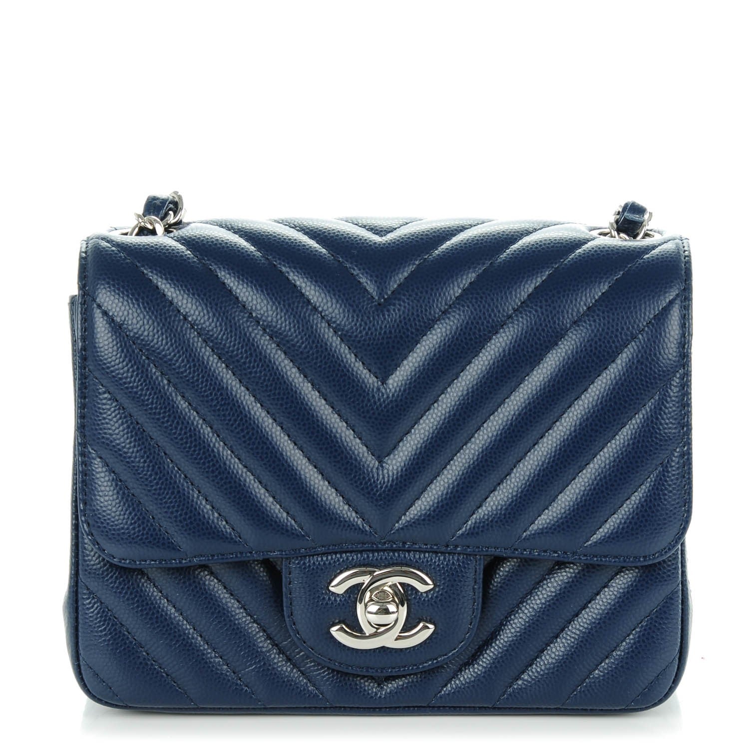 Chanel Caviar Chevron Quilted Mini Square Flap Navy Blue 1 of 8