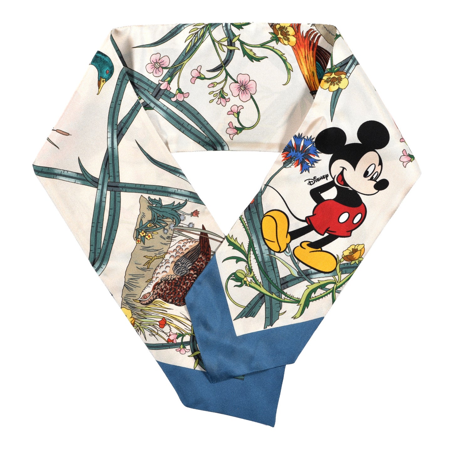 X DISNEY Silk Twill Mickey Lac Neck Bow Scarf Ivory Blue