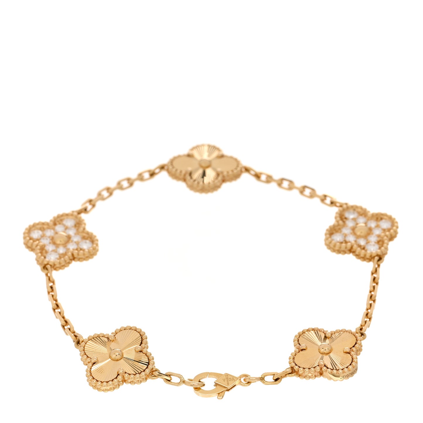 18K Yellow Gold Diamond 5 Motifs Guilloche Vintage Alhambra Bracelet