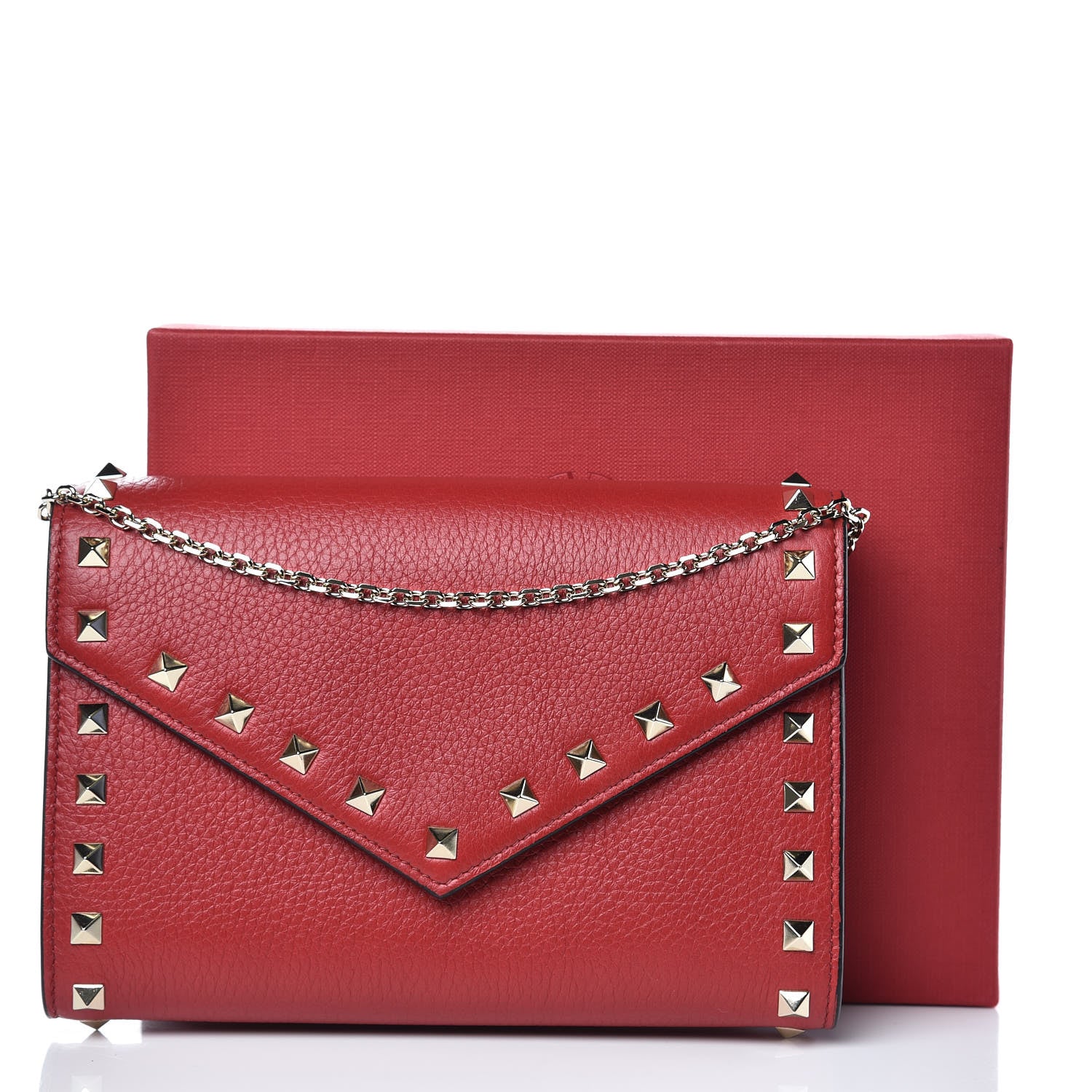 Valentino Garavani Pebbled Calfskin Rockstud Envelope Wallet on Chain Rosso Valentino 10 of 10