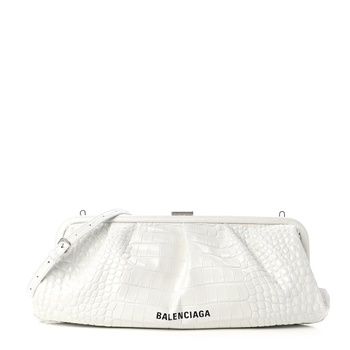 Shiny Supple Calfskin Logo Crocodile Embossed XL Cloud Clutch White