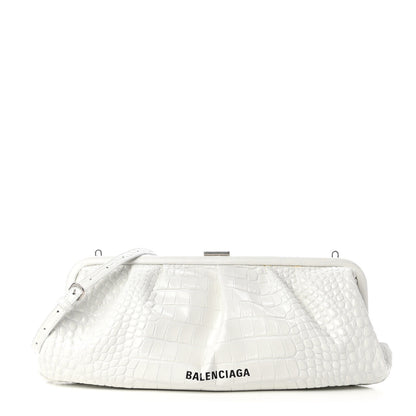 Balenciaga Shiny Supple Calfskin Logo Crocodile Embossed XL Cloud Clutch White 1 of 9