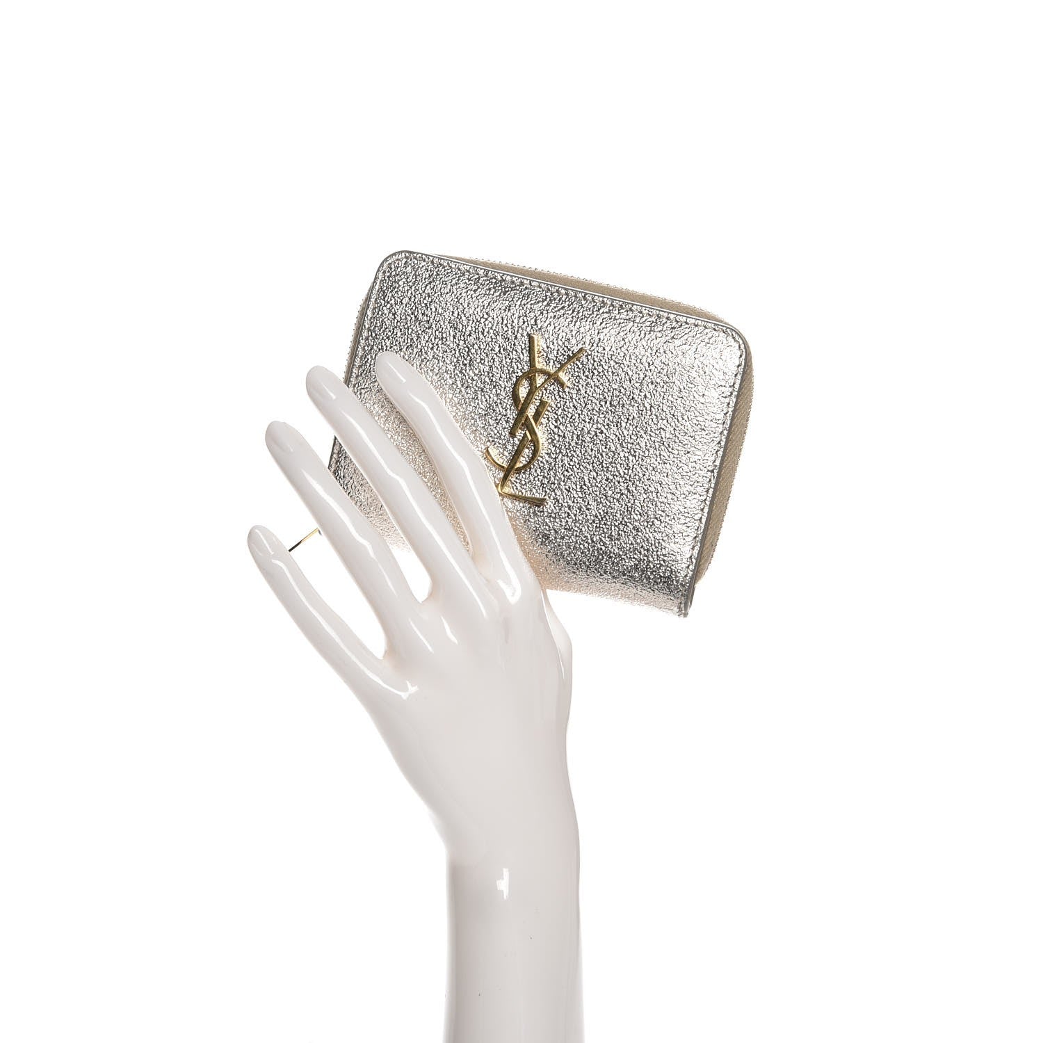 Saint Laurent Metallic Calfskin Monogram Compact Zip Around Wallet Grey 2 of 7